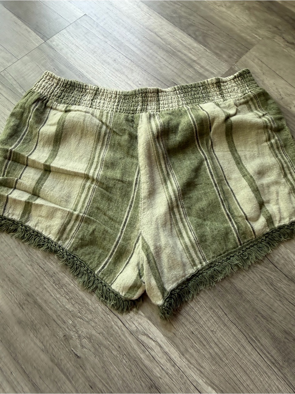 Vanilla Star Olive Green Striped Fringe Hem Athletic Shorts
